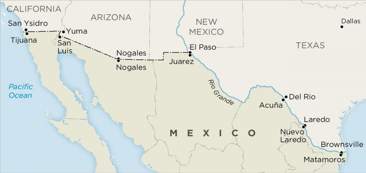 vsa en Meksiko grens kaart