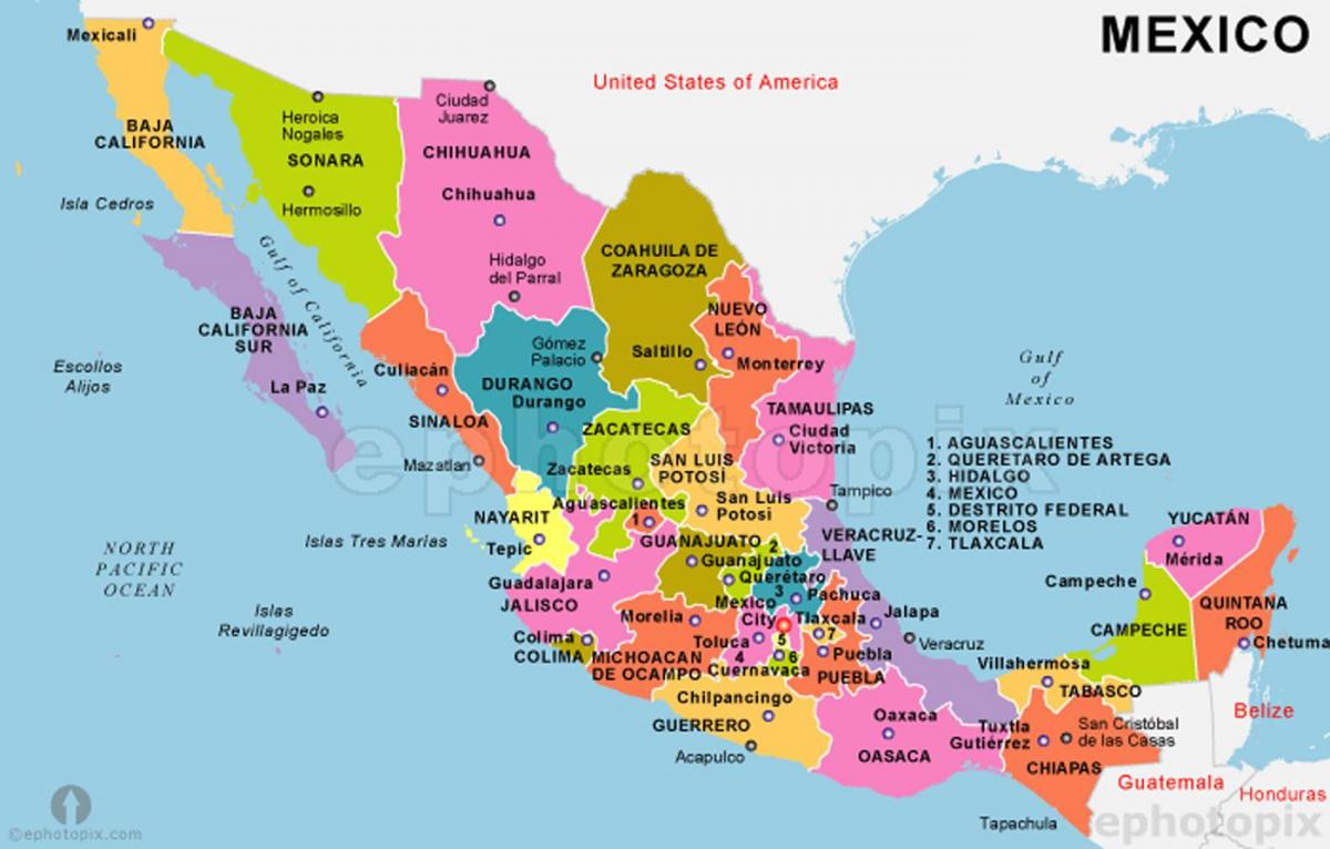 Mexiko kaart met state en hoofletters