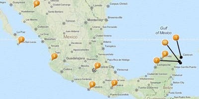 Kaart van die vakansie plekke in Mexiko