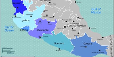 Kaart van die stille oseaan kus van Mexiko